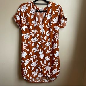 a new day orange and white floral print shift shirt dress SIZE M